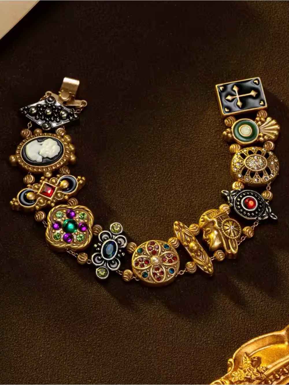 Vintage Art Deco Charm Bracelet | Antique Gold Statement Bracelet | Colorful - Picture 4 of 12